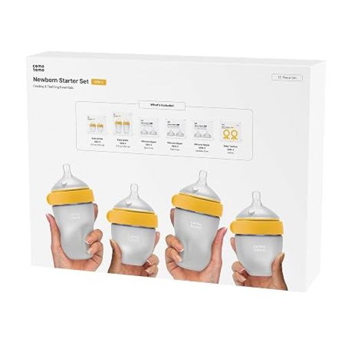 Comotomo Newborn Starter Set - 12 Piece Baby Bottle Gift Set, Yellow