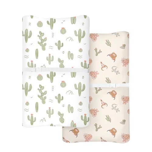 Changing Pad Covers 2 Pack, 32"x16" Baby Girl Boy Changing Table Pad Covers | Silky Breathable Stretch Knit, Fits Standard Changing Table Pads, Machine Washable (Cactus Cozy)