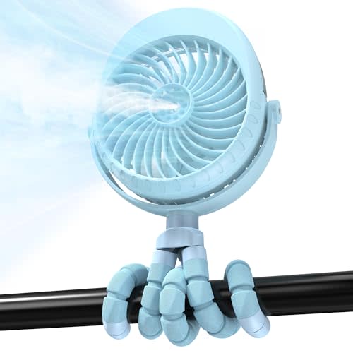 Misting Baby Stroller Fan, 4000mAh Rechargeable Battery Operated, 270°Pivoting, 15H Cooling,50ml Portable Water Sprayer Misting Fan with Flexible Tripod Clip on Car Seat Crib Treadmill Bunk Bed