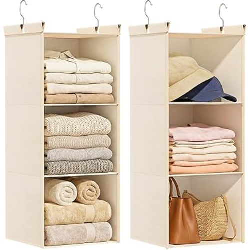 Ofiray-home Pure Cotton Dual Hanging Closet Organizer, 2-Pack 3-Tier Breathable Storage Bags for Wardrobe, RV, Nursery, Small Closets Heavy-Duty Cotton, Natural Beige
