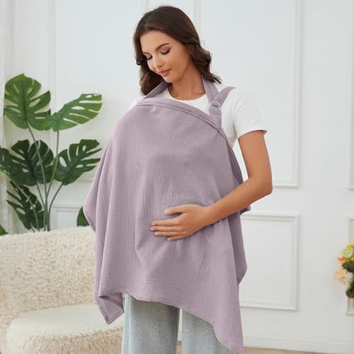Muslin Nursing Cover for Baby Breastfeeding, Breathable 100% Cotton Breastfeeding Cover with Rigid Hoop for Mother Nursing Apron (Lavender)