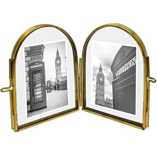 Isaac Jacobs 2x3 Vintage Style, Double-Sided Arched Brass & Glass Metal Floating Picture Frame with Locket Closure (Vertical), Made for Tabletop Display (2x3 Vertical, Antique Gold)