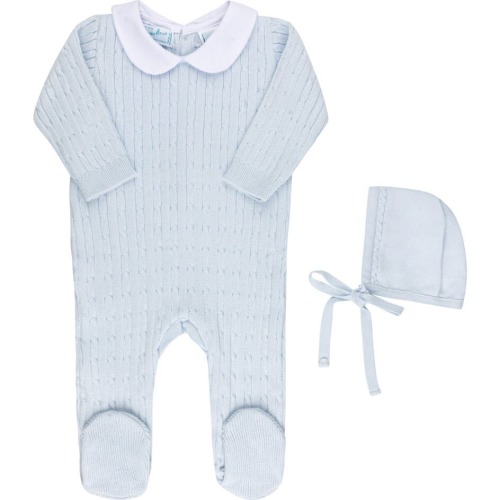 Boys Peter Pan Cable Knit Romper and Bonnet Blue