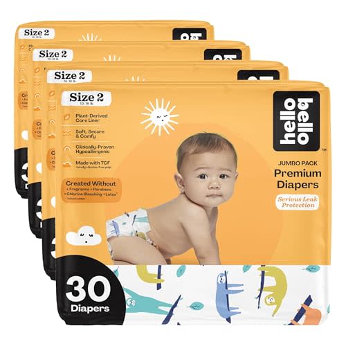 Hello Bello Premium Baby Diapers Size 2, 30 Count of Disposable, Extra-Absorbent, Hypoallergenic Diapers with Snug and Comfort Fit, Sleepy Sloth (Pack of 4)