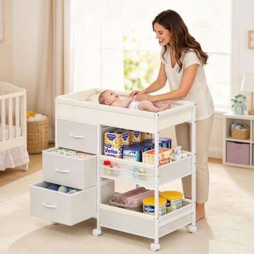 Baby Changing Table Dresser with 6 Wheel and 3 Drawer