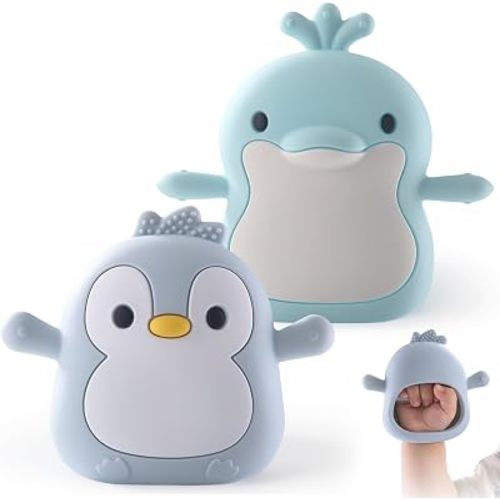 Baby Teething Toys for 3-6 Months Silicone Teething Mittens for Babies Food Grade Silicone Teether (Dolphin+Blue Penguin)