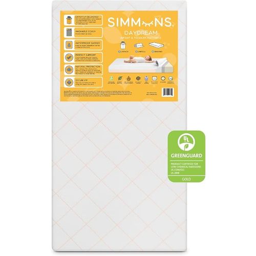 Simmons Kids Daydream 2-Sided Crib and Toddler Mattress GREENGUARD Gold Certified, CertiPUR-US Certified Foam, Breathable Machine Washable Cover, Waterproof Barrier, Made in USA, White