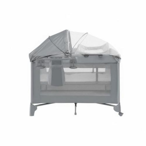 Light Gray Baby Playard with Mesh Canopy & Storage Pockets – Portable Nursery Playpen for Indoor/Outdoor Use