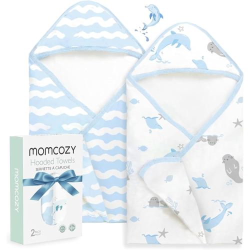 Momcozy Baby Towel with Hooded-Original Design Baby Towel Set -Soft & Absorbent- Shower Gifts or Bath Essential for Infant, Newborn, Toddler, Marine Sea Whale Seal Waves Magic