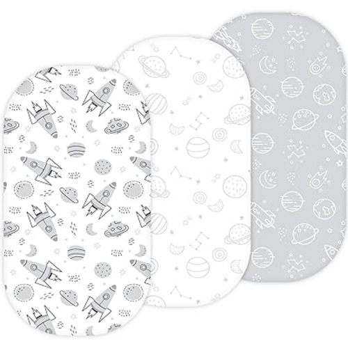 Bassinet Sheets for Baby Delight Snuggle Nest, Beside Me Doze, Snoo Smart, Fisher Price by TansyPanda, 3PC, 32 x 17 Inch, Ultra Soft, Breathable, Snug Fit, Unisex Boys, Girls (Space Rockets)