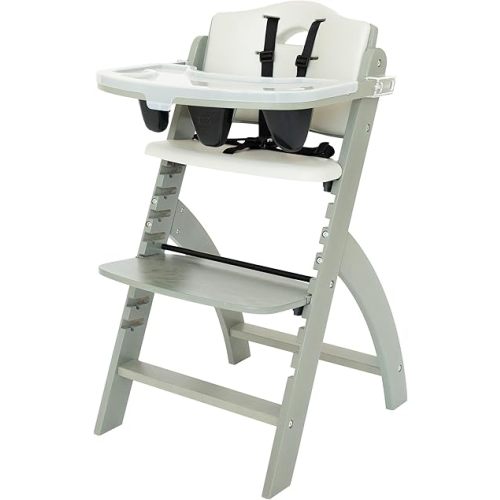 Abiie Beyond Junior Wooden High Chair with Tray - Adjustable and Convertible High Chair for Babies and Toddlers - 6 Months to 250 Lb - Water Resistant - Misty Grey Wood/Dove Grey Cushion