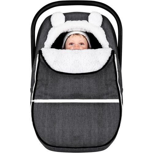 Winter Carseat Cover for Baby Girl Boy, Super Warm & Windproof Baby Car Seat Cover Protect Babies From Cold Weather, Plush Fleece Infant Car Seat Canopy, Black