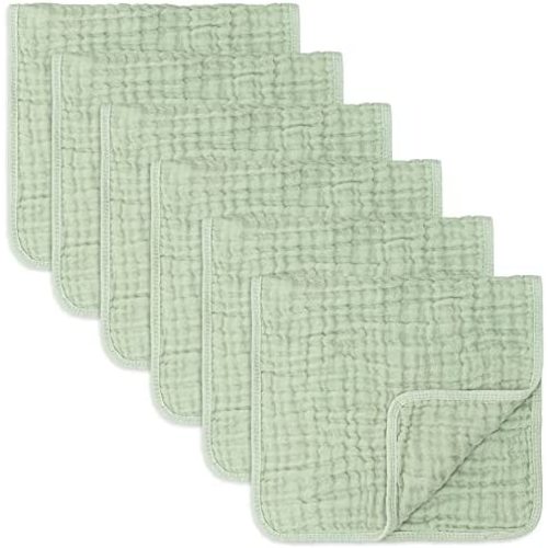 Muslin Burp Cloths 6 Pack Large 100% Cotton Hand Washcloths 6 Layers Extra Absorbent and Soft (Sage, Pack of 6)