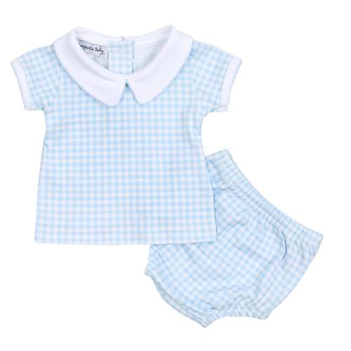 Mini Checks Printed Collared Short Sleeve Diaper Cover Set - Blue