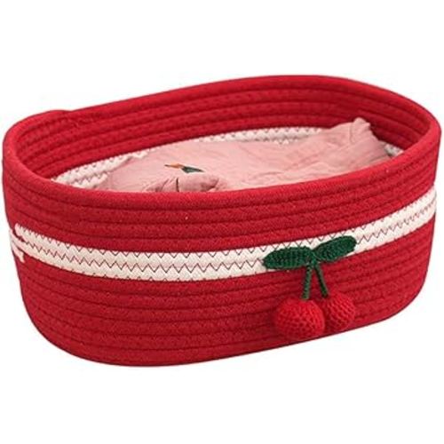Rectangle Storage Basket Cotton Rope Woven Baskets for Organizing,Cute Cherry Basket for Kids, Baby Nursery,Cat Dog Toy Baskets,Organizer Bins for Shelves 11.8×10.6×4.3INCH