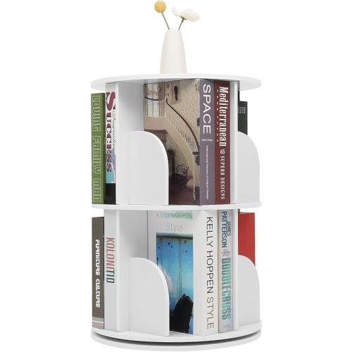 2 Tier Rotating Bookshelf Tower, 360° Spinning Book Storage Tower with Adjustable Height, Vertical Rotate Turning Spiral Corner Organizer for Adult Bedroom, Living Room (White)