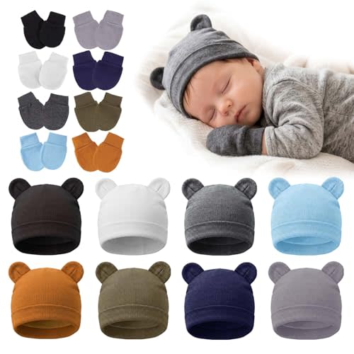 Newborn Baby Bear Ears Hats and Mittens Sets Preemie Infant Baby Boy Girl Beanie Hats Gloves Infant Hospital Beanie for 0-3 Months Multicolor
