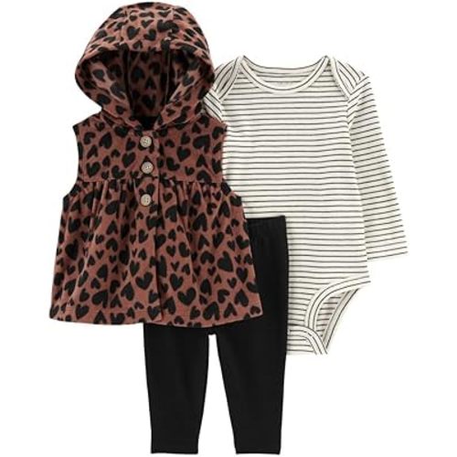 Carter's Baby girls' 3 Piece Little Vest Set, Hooded Heart/Stripe, 18m