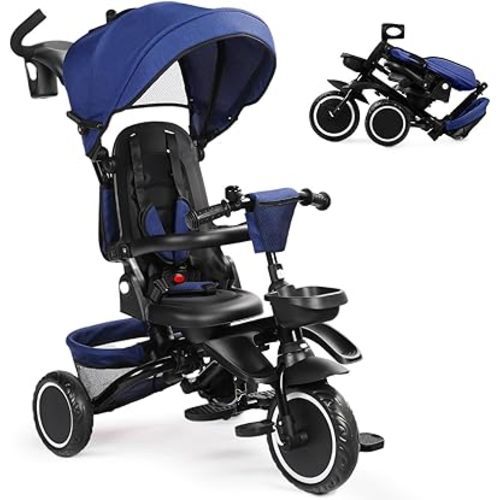 TODEFULL Folding Kids Tricycle, 8 in 1 Toddler Trike W/Removable & Adjustable Canopy, Parent Handle, 5-Piont Harness, Toddler Bike Tricycle for Kids 1-6 Years, EVA Wheels, Storage Basket, Blue