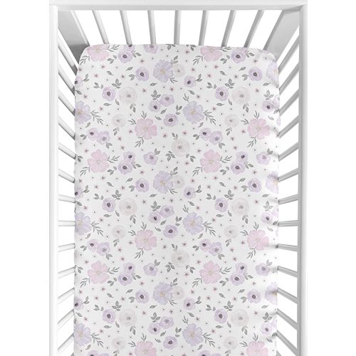 Sweet Jojo Designs Fitted Baby Jersey Crib Sheets (Purple/Grey Boho Floral) for Girls, Infant Nursery, Toddler Room - Standard Size (Lavender, Pink, Bohemian, Flower, Rose, Farmhouse, Shabby Chic)