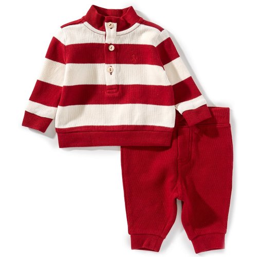 Ralph Lauren Baby Boys Long-Sleeve Striped Estate-Rib Pullover & Solid Jogger Pants Set