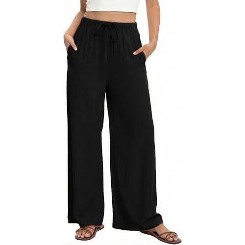 HONGTEYA Linen Pants for Women Wide Leg Palazzo Trousers Cotton Flowy Pants with Pockets for Summer Beach