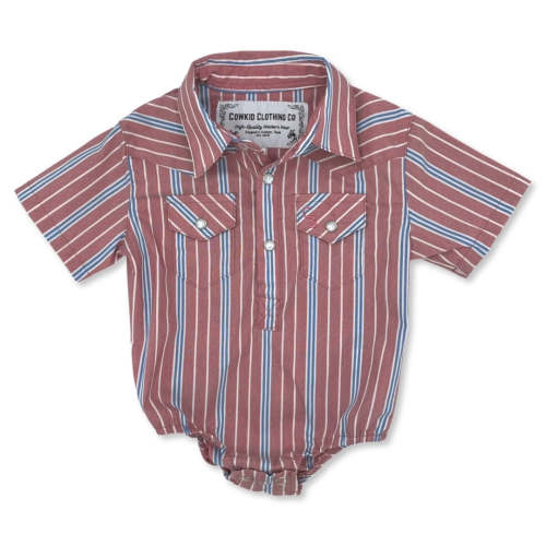 Vintage Blue and Red Stripe Short Sleeve Pearl Snap Onesie β Cowkid Clothing Company
