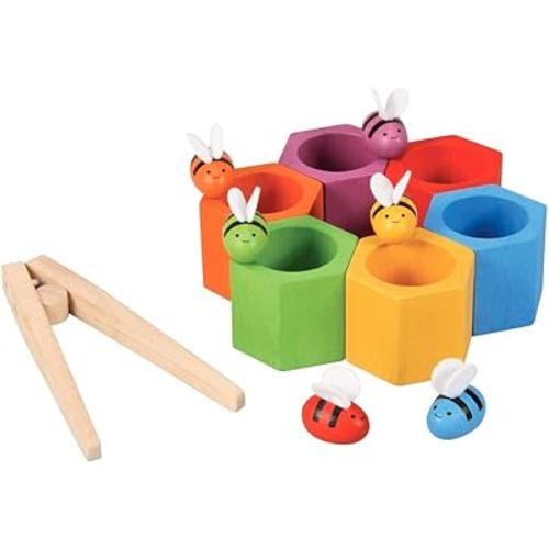 PlanToys® Wooden Beehive Color Sorting Toy for Toddlers | Montessori Fine Motor Skill Playset with Bees, Hives & Tweezers | STEM Learning Toy for Kids Ages 3+