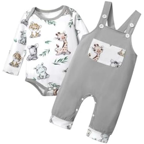 Baby Boy Clothes Long Sleeve Animal Plaid Romper + Overalls Infant Boy Clothes 2PCS Fall Winter Outfits