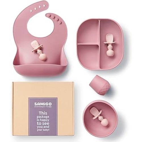 SAMiGO Silicone Baby Feeding Set, Baby Led Weaning Supplies, Suction Bowl Plate Bib Cup Self Feeding Spoons, Solid Food Eating Essentials, First Stage Utensils, 6+ Months