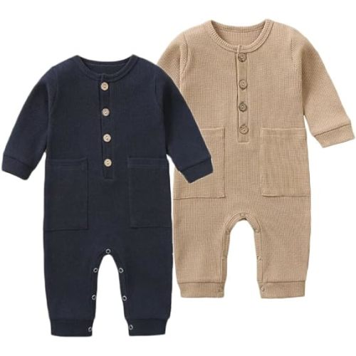 BeiVSlley Newborn Baby Boy Girl 2 Pack Button Solid Romper Infant Long sleeve Knit Cotton Footless Outfits Clothes