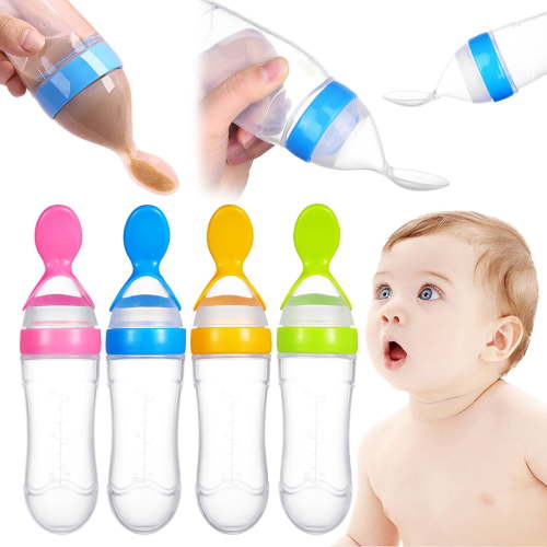CHENjy Silicone Baby Feeding Spoon, 4 Pack with Suction Cup, Leak Proof Design for Pureed Semi Solid Food, 3 Oz Capacity,Sky Blue