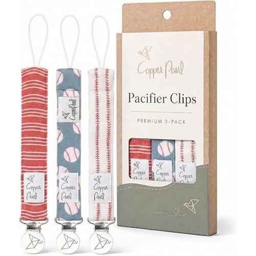 Copper Pearl Pacifier Clip 3-Pack - Stylish Stainless Steel Pacifier Holder Clip for Baby Girls and Boys - Baby Pacifier Clips for No More Floor Drops - Slugger