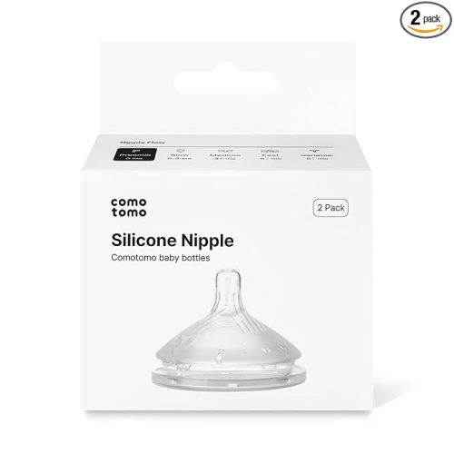Comotomo Silicone Replacement Nipples for Baby Bottle Gen 2 (2026 Release) - Soft, Silicone Nipples with Dual Anti-Colic Vents Designed for Natural Latch (Pack of 2), Fast Flow (6+ Months)