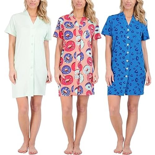 Real Essentials 3 Pack: Womens Short Sleeve Full Button-Down Henley Nightshirt Nightgown Sleep Dress (Available In Plus Size)