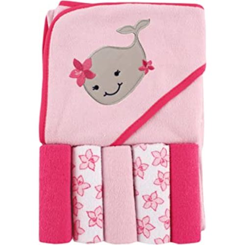 Luvable Friends Unisex Baby Hooded Towel with Five Washcloths, Girly Whale, One Size