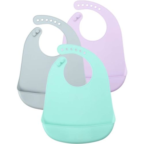 PandaEar 3 Pack Waterproof Silicone Baby Bibs| Super Thin Light Weight Feeding Bib with Food Catcher Pocket for Toddler