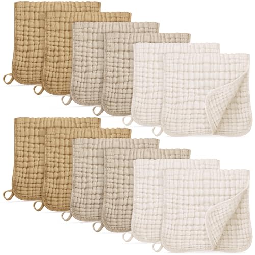 Unnivoll Muslin Burp Cloths for Baby 100% Cotton Burping Cloths for Boys Girls Large 20''X10'' Extra Soft and Absorbent 12 Pack - Gradient Khaki