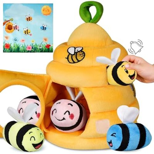Baby Toys 6-12 Months, Soft Beehive with 4 Sensory Bees, Map Pad, Rattle, Crinkle Paper, Squeaker, Mirror, Busy Montessori Toy for 0-3 Years Old, Infant Toys Baby Easter Basket Stuffers Gifts
