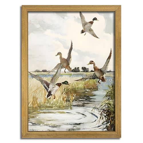 Framed Vintage Duck Wall Art Print, Rustic Mallard Watercolor Canvas Poster Wall Decor, Country Wildlife Bird Illustration for Farmhouse Living Room Kitchen Bedroom Decor 8x10 Inch