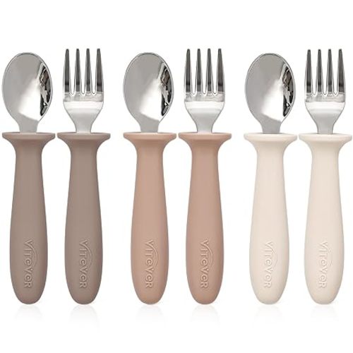 6 Pieces Toddler Utensils, Children Silverware Set with Silicone Handle, Kids Safe Spoons and Forks, Dishwasher Safe, 18/8 Stainless Steel, Food-grade Silicone，BPA Free - Tan