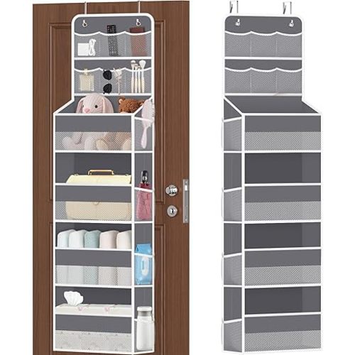 6-Tier Over The Door Organizer with Mesh Pockets, Baby Nursery Storage for Closet, Bathroom and Bedroom, Adjustable Hanging Closet Organizer for Cosmetics, Books and Essentials（Dark Grey）