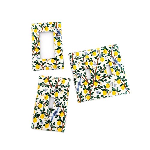 Lemons with Blue Birds Fabric Light Switch Plate Cover - All Styles - Double, Triple, GFCI, Outlet, Slider, Rocker, Toggle, citrus, aviary