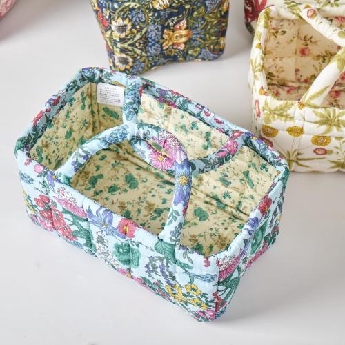 Vintage Floral Quilted Basket, Rustic Mini Tote Bag, Cotton Makeup Bag, Flower Print Small Storage Bag, Bridesmaid Gift, Gift Basket