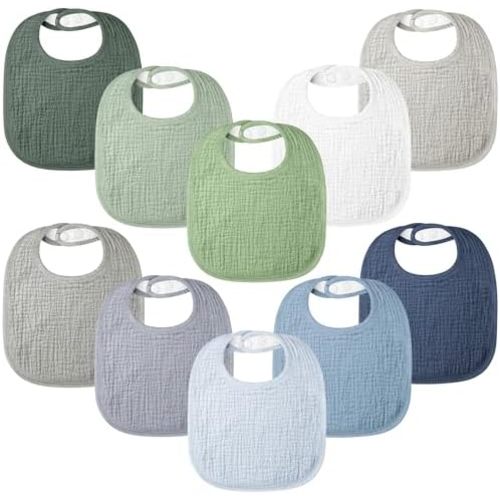 Bearmoss 100% Cotton 10 Pack Muslin Baby Bibs for Drooling and Teething
