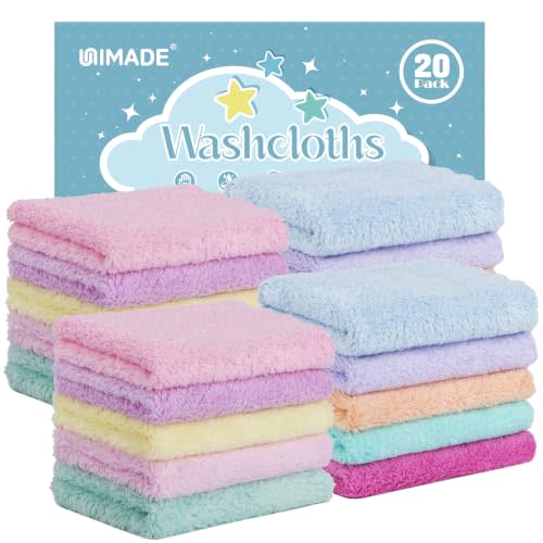 UNIMADE Baby Washcloths, Super Soft Microfiber Coral Fleece Wash Cloths | 20 Pack Extra Absorbent Baby Towels for Newborns, Infants and Toddlers, Gentle on Sensitive Skin for Face and Body - 7" × 9"