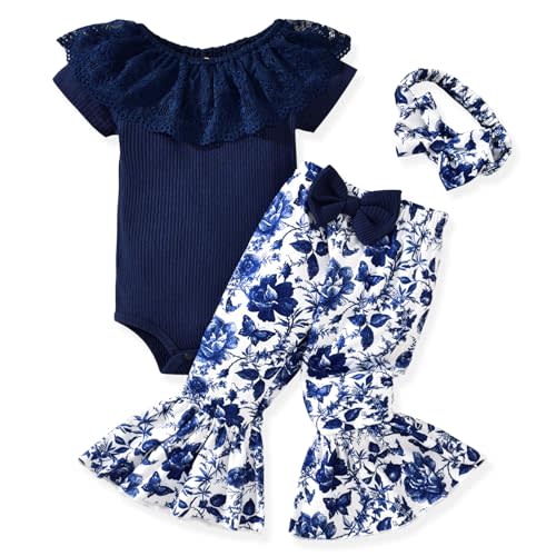 HINTINA Newborn Baby Girl Short Sleeve Bodysuit Flared Pants Ribbed Outfits