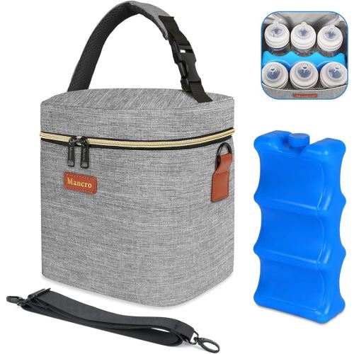 Mancro Baby Bottle Bag with Insulated Cooler, Fits 6 Baby Bottles Up to 9 Ounce with Ice Pack, Breastmilk Cooler Bag with Adjustable Shoulder Strap for Easy Carrying, Grey