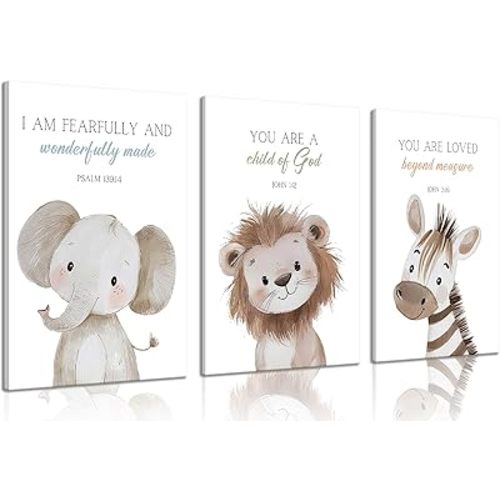 3Pcs Nursery Bible Animal Wall Art Elephants Lions Zebras Wall Decor Funny Cute Safari Animals Canvas Print Christian Nursery Poster Painting for Kids Boys Girls Room Home Decoration Framed