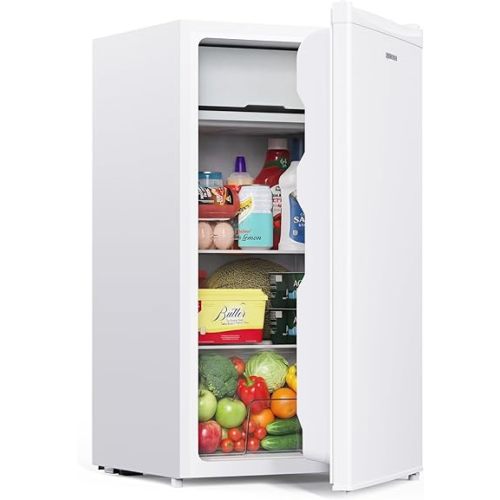 Upstreman 3.2 Cu.Ft Mini Fridge with Freezer, Single Door Mini Fridge, Dorm Fridge, Adjustable Thermostat, Mini Refrigerator for Dorm, Office, Bedroom, White-BR321